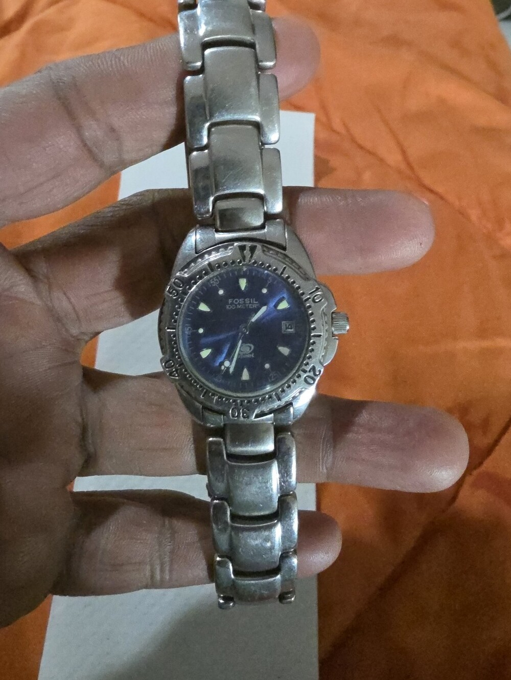 Womens Chrome Fossil Watch With Blue Face